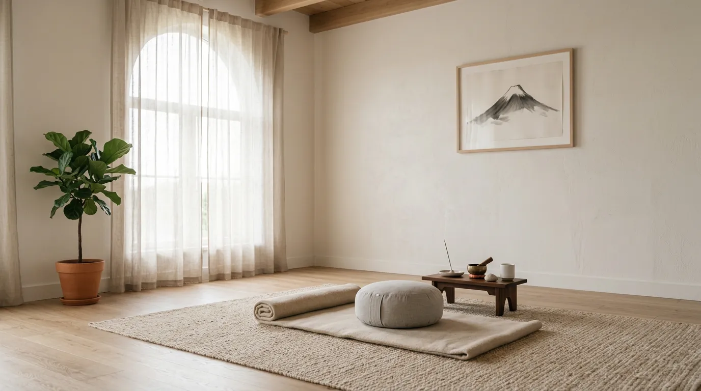 Serene meditation space with soft natural light, peaceful interior with neutral colors, tranquil energy, empty mindfulness setting