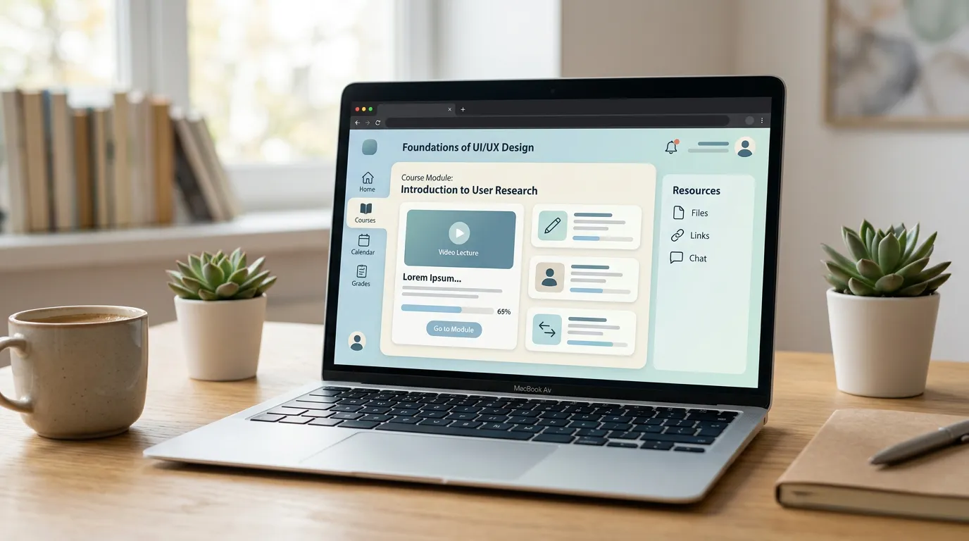 Modern laptop or device screen displaying digital course content with gentle colors, online learning environment, accessible knowledge portal