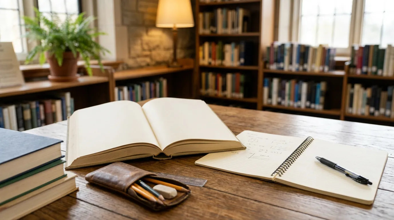 Open book or learning materials on a table with pen and notebook, foundational knowledge setup, welcoming educational setting