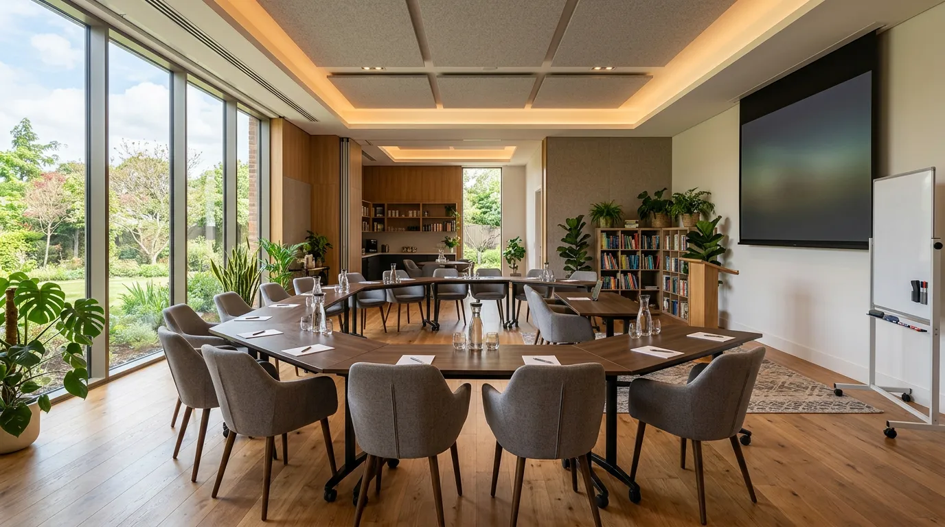 Inspiring transformational classroom or seminar space with comfortable seating arrangement, natural light, empowering learning environment