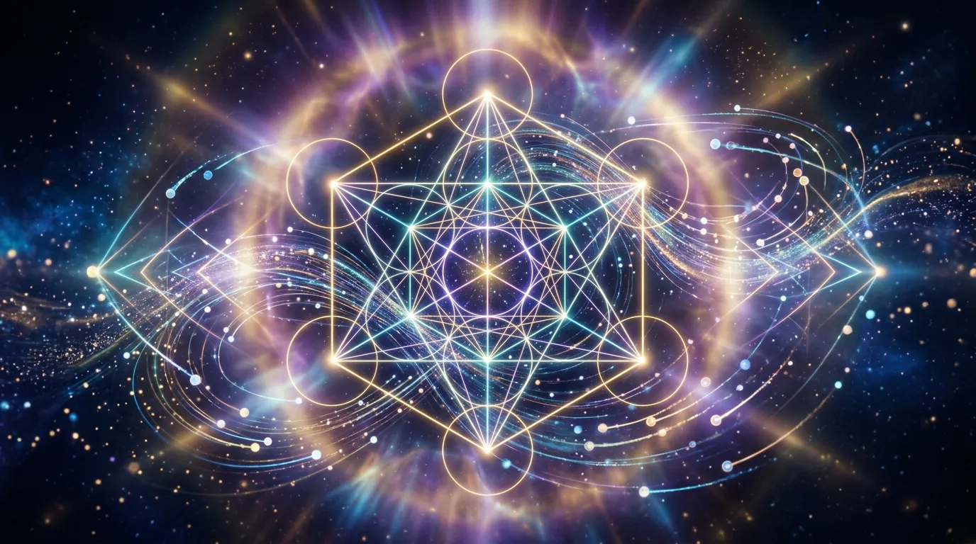 Abstract quantum physics visualization with particles and light energy flowing, glowing geometric patterns, healing energy field concept