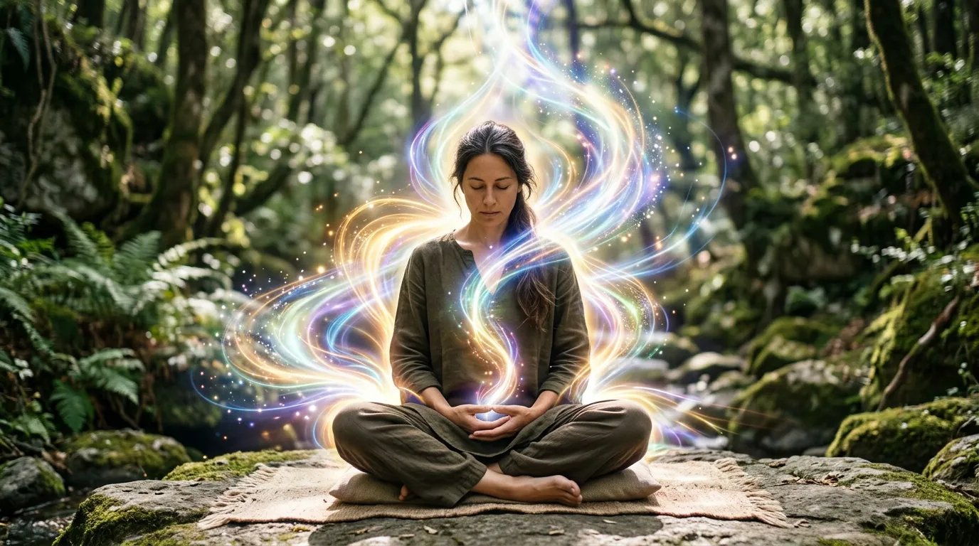 Person in meditative pose with energy or light flowing around them, bright aura effect, transformation energy, healing visualization, photorealistic, professional, no faces visible
